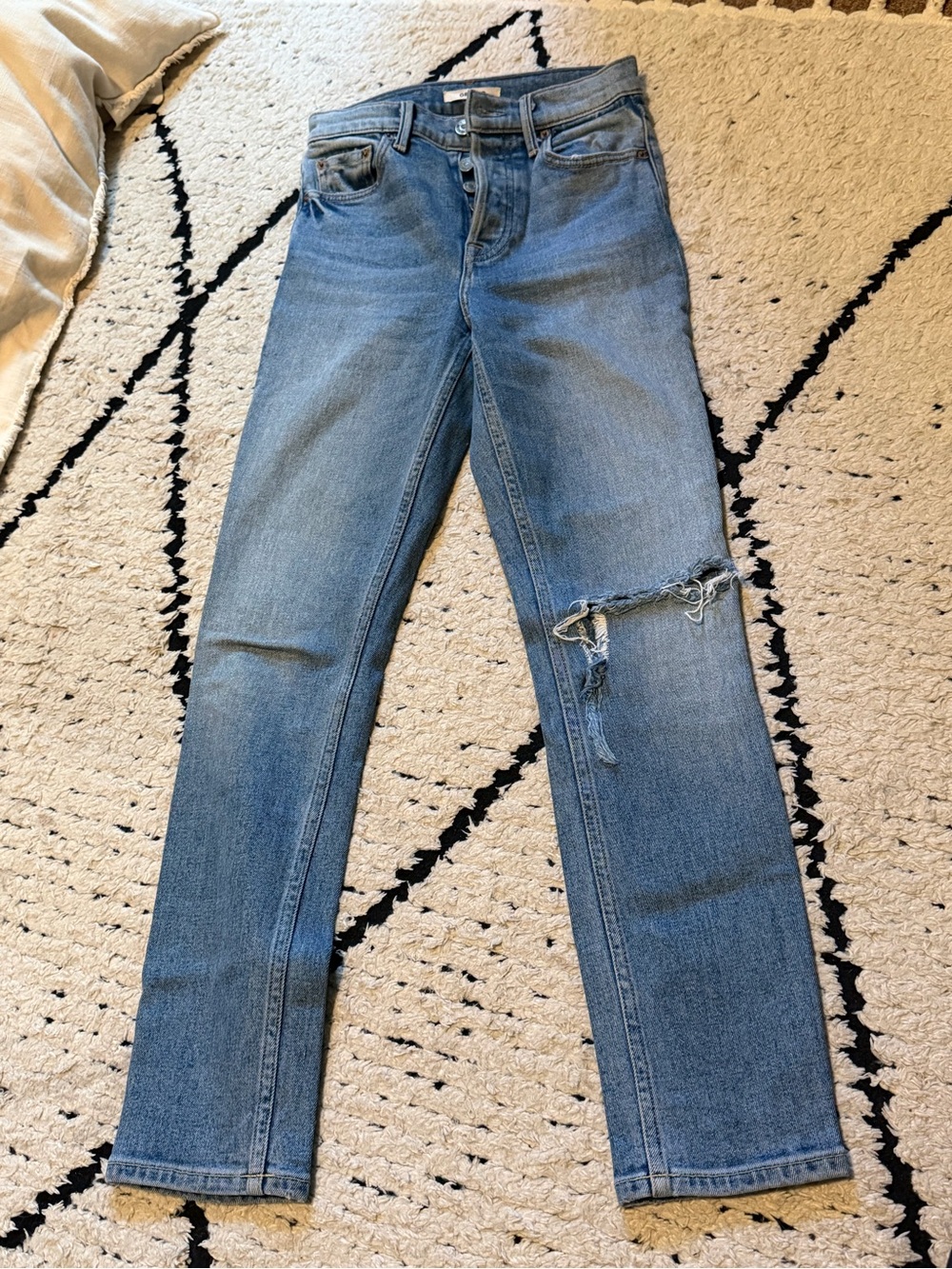 GRLFRND Light Blue Distressed Straight-Leg Jeans